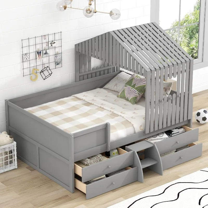 

Full sized low loft bed, wooden loft bed frame with 4 storage drawers, easy to assemble bunk beds for kids