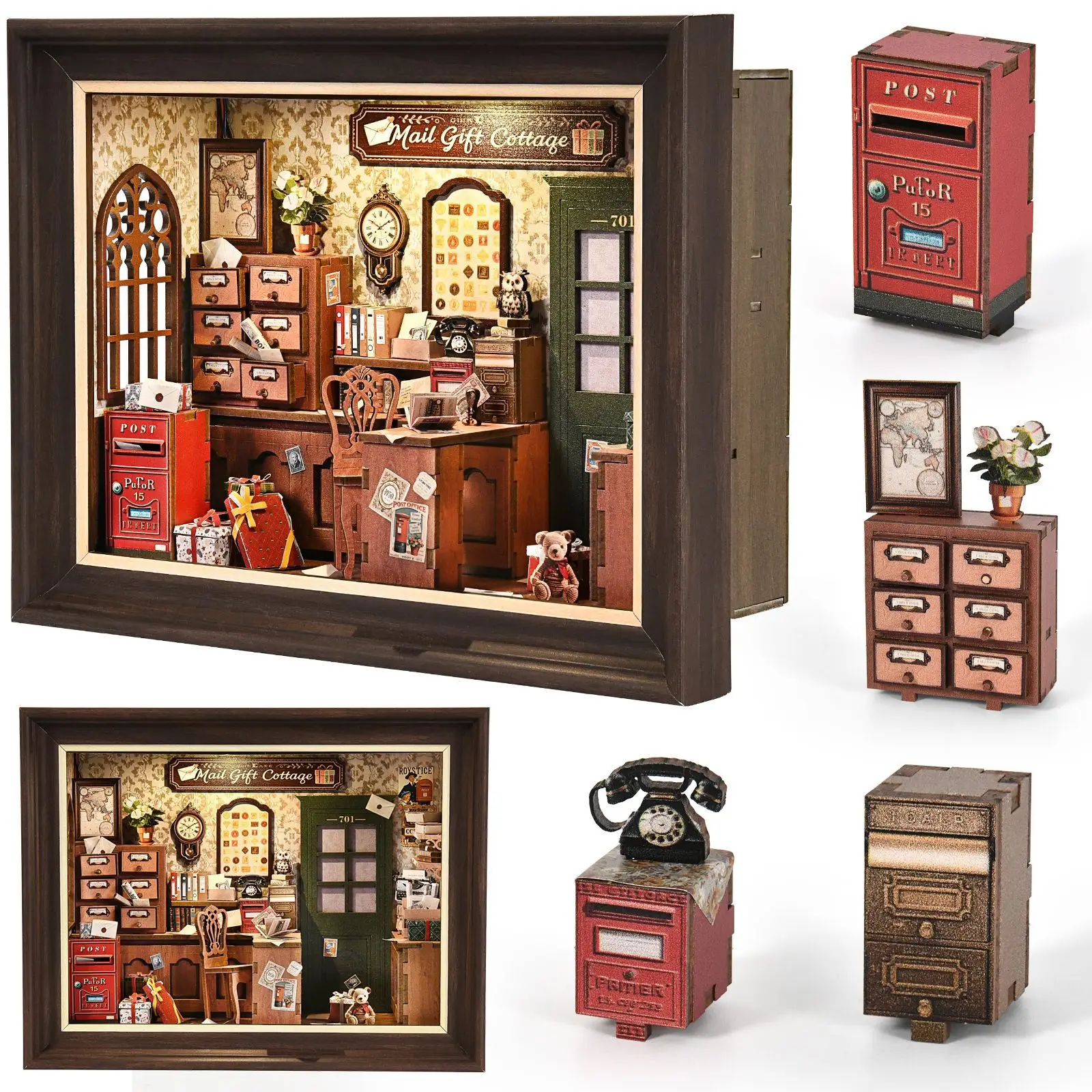 Frame Post Office Studio DIY Poppenhuis 3D Puzzel - Miniatuur Huis Model Handgemaakte Monteren Speelgoed Bouwstenen Decor Ornament