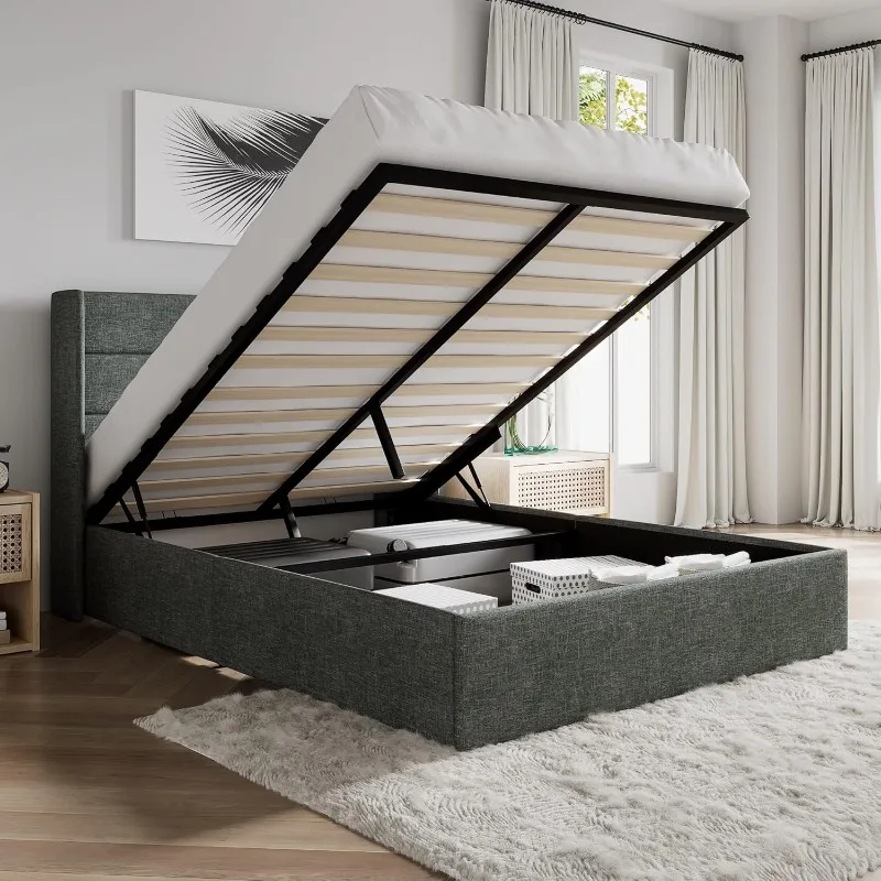 Size Lift Up Storage Bed/Modern Wingback Headboard/Upholstered Platform Bed Frame/Hydraulic Storage/No Box Spring Needed