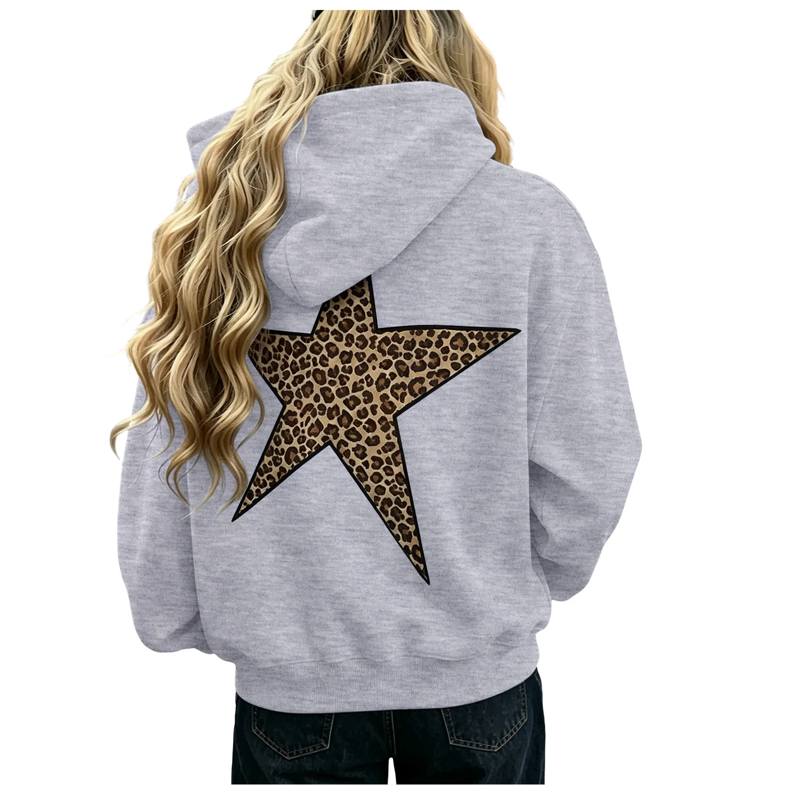 Women Oversize Hoodies With Back Star Leopard Printed Long Sleeve Hooded Sweatshirts Autumn Winter Streetwear Casual Pullover