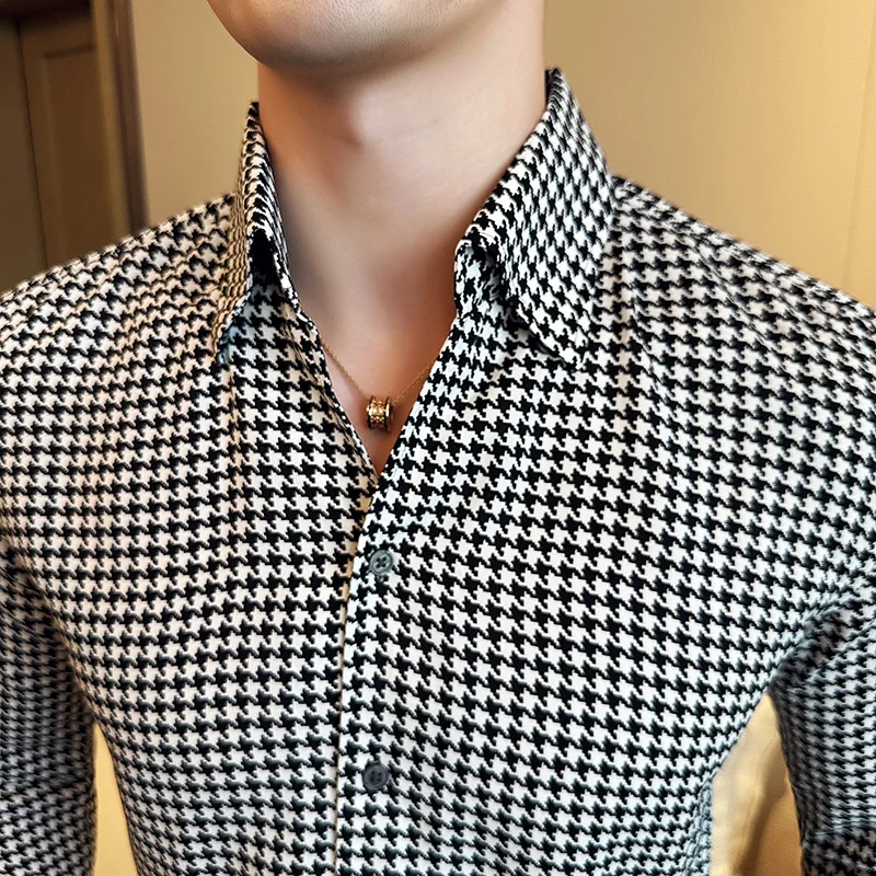 Men Houndstooth Shirts Korean Fashion Turn Down Collar Long Sleeve Men's Social Shirt Slim Fit Casual Drape Prom Tuxedo Dress - AliExpress 200000343 Men Houndstooth Shirts Korean Fashion Turn Down Collar Long Sleeve Men's Social Shirt Slim Fit Casual Drape Prom Tuxedo Dress - AliExpress 200000343