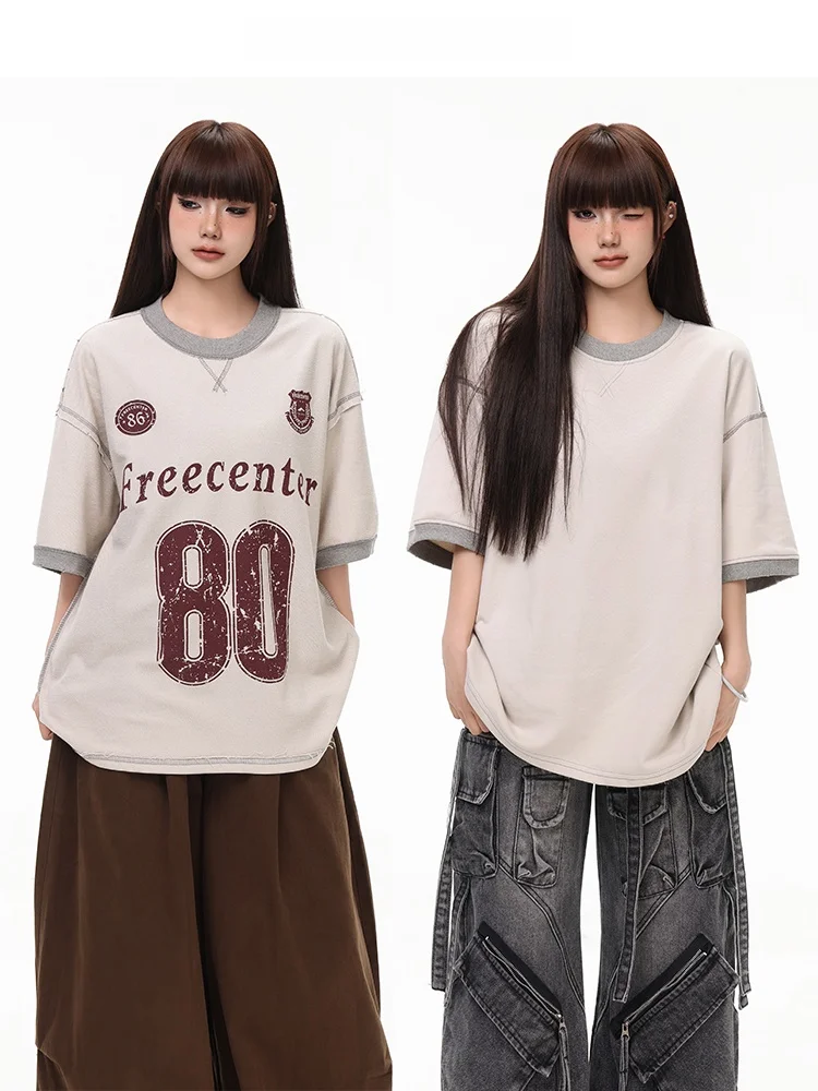 

Футболка Free Center в американском ретро-стиле, с эффектом потертости, свободного кроя, унисекс, из хлопка, летняя, уличная, с принтом