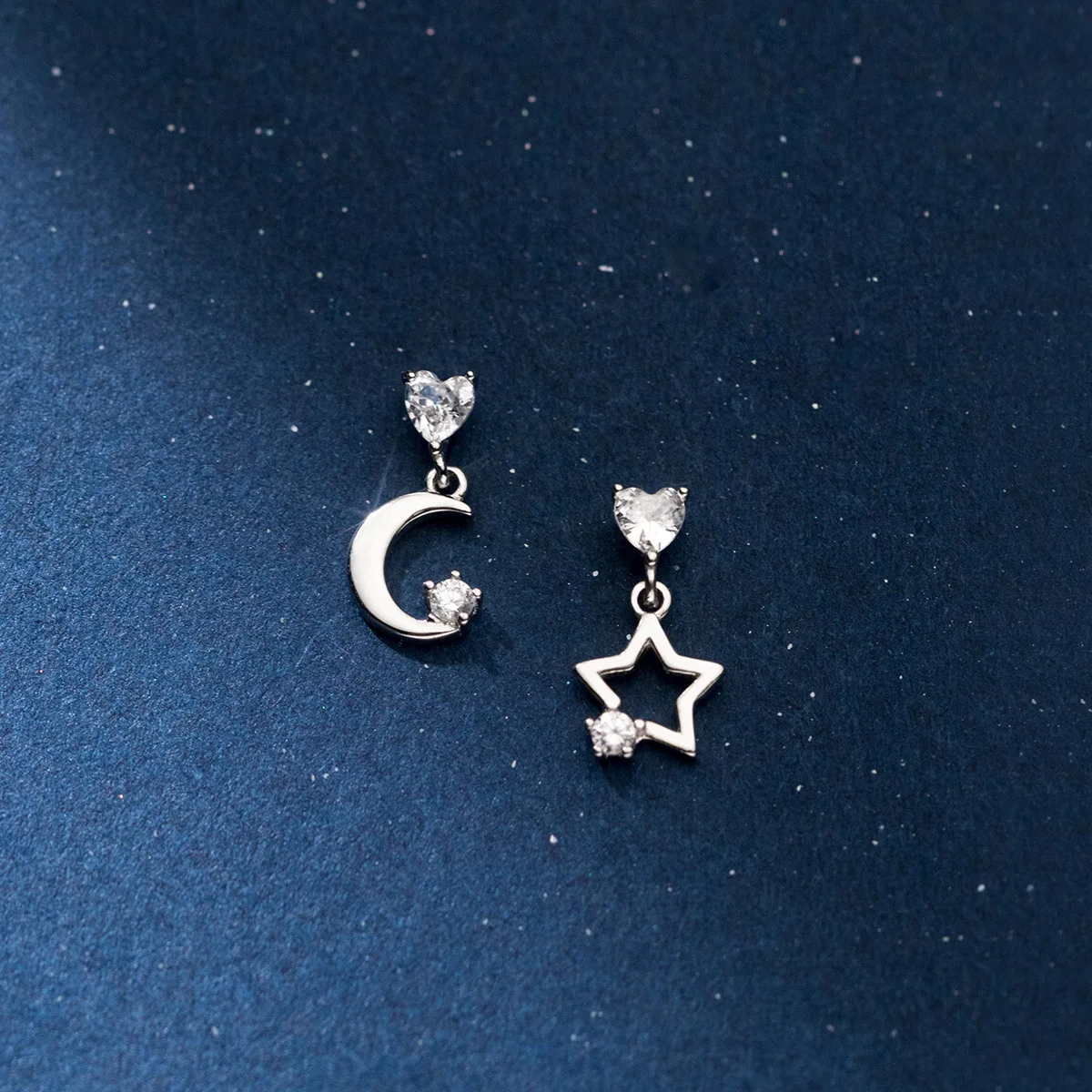 RYJU 925 Sterling Silver Star Moon Asymmetric Earrings for Women Heart CZ Shiny Zircon Wedding Jewelry Romantic Trendy Jewelry