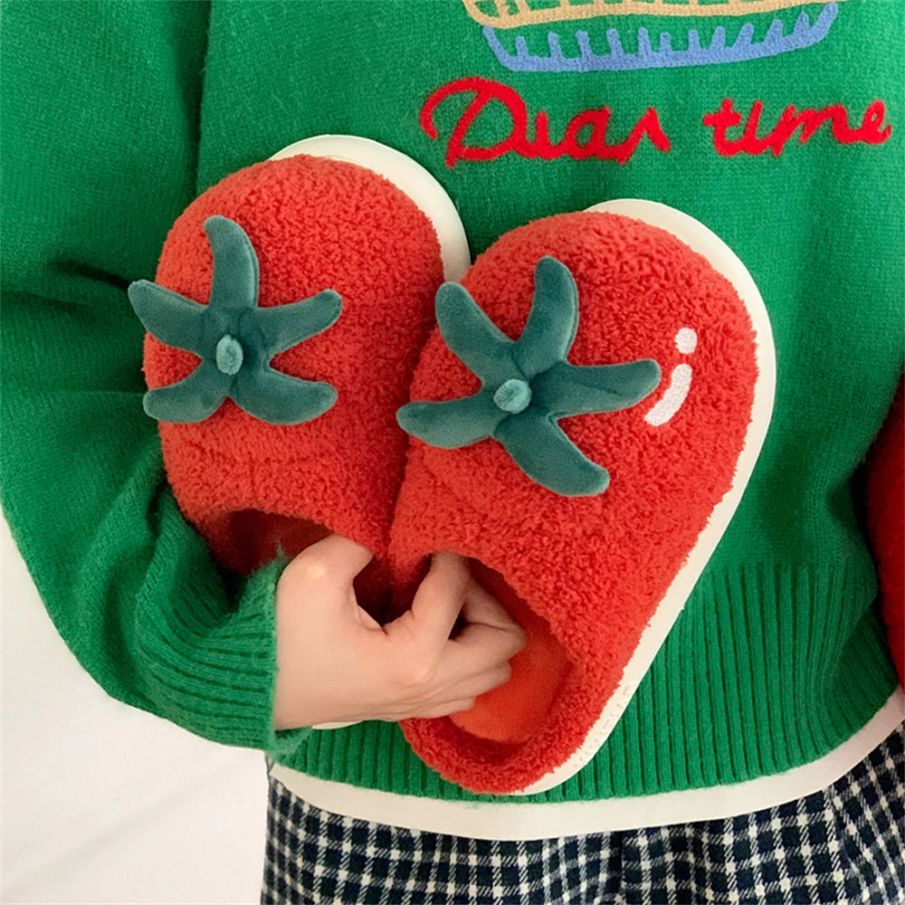 Cute Tomato Shape Cotton Slippers Women's Winter Home Warm Cartoon Parent-child Slippers Outdoor Fluffy Comfort Warm Shoes view 4