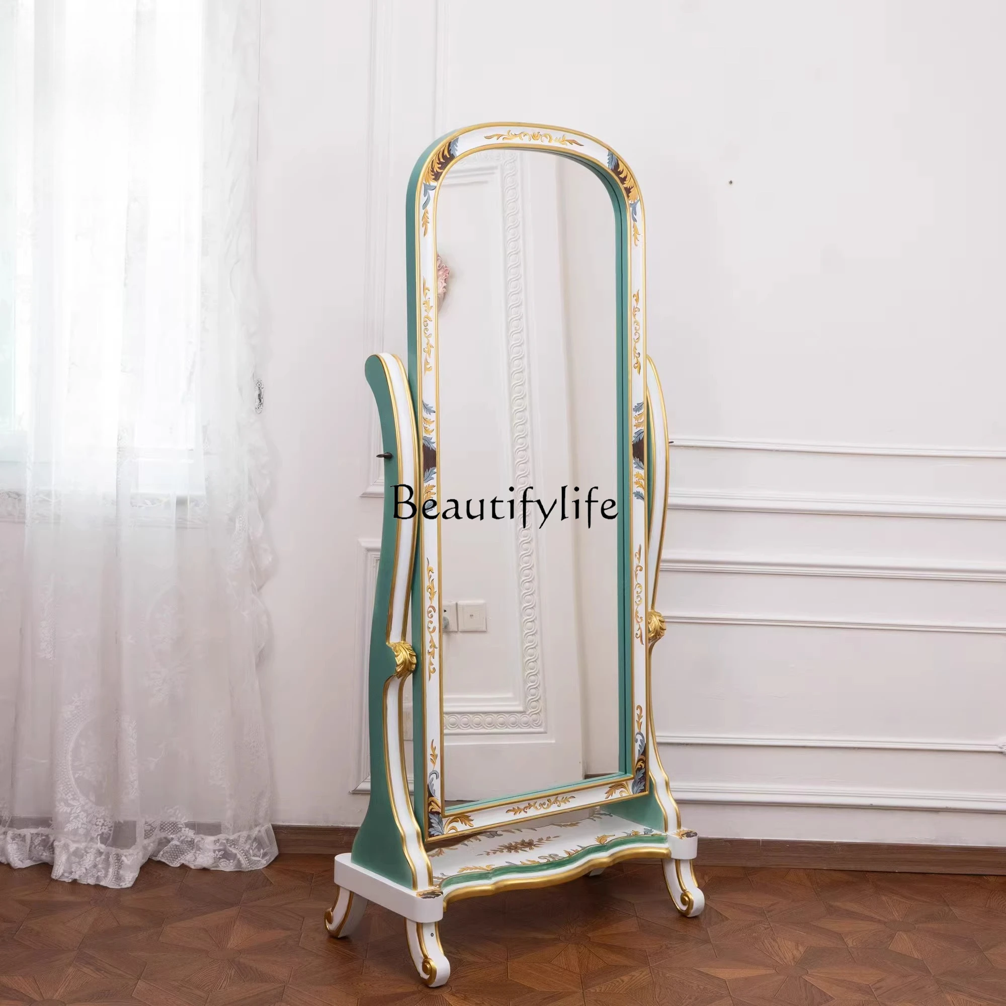 

-*High-end French new all-solid wood full-length mirror retro old painted gold-painted floor-to-ceiling full-length mirror