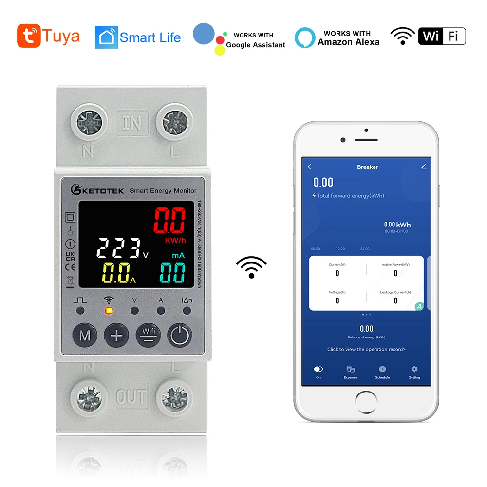 63A Tuya WiFi Smart Leakage Over Under Voltage Protector Energy Power Remote Switch kWh Meter Wattmeter Smart Life 220V