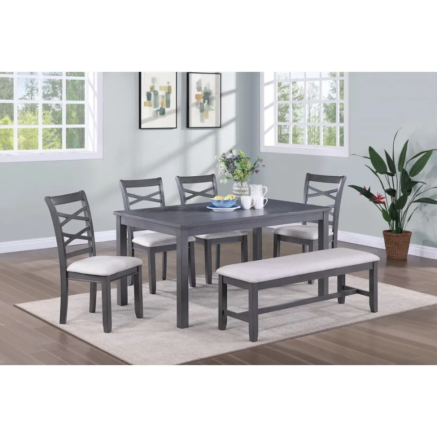 Modern 6pcs Dining Room Furniture Set Rubberwood Dining Table 4 Side Chairs Bench Wooden Top Unique Design