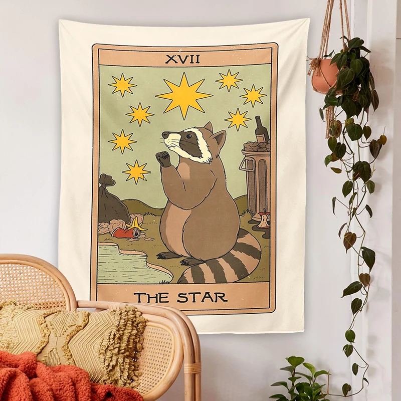 Tarot Tapestry Raccoons Tarot Mysterious Sun Moon Star Magician Tapestrie Boho Witchcraft Decorative for Living Room Bedroom