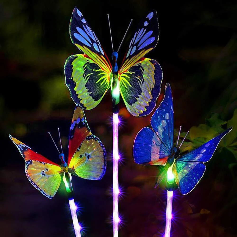 3Pcs Solar Powered Butterfly Lights RGB LED Landscape Lamp Yard Garden Lighting Colorful Fiber Optic Fairy Holiday Light Waterpr