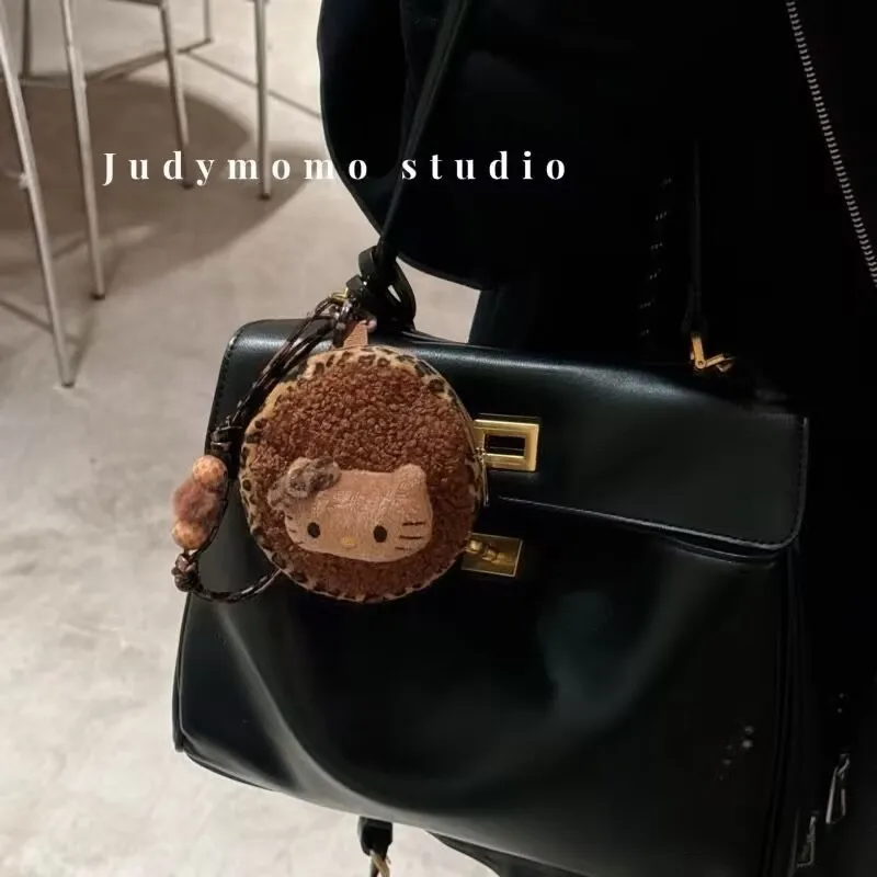 Kawaii Hello Kitty plush doll leopard print coin purse keyhole PP cotton filled cartoon cat mini earphone storage bag gift