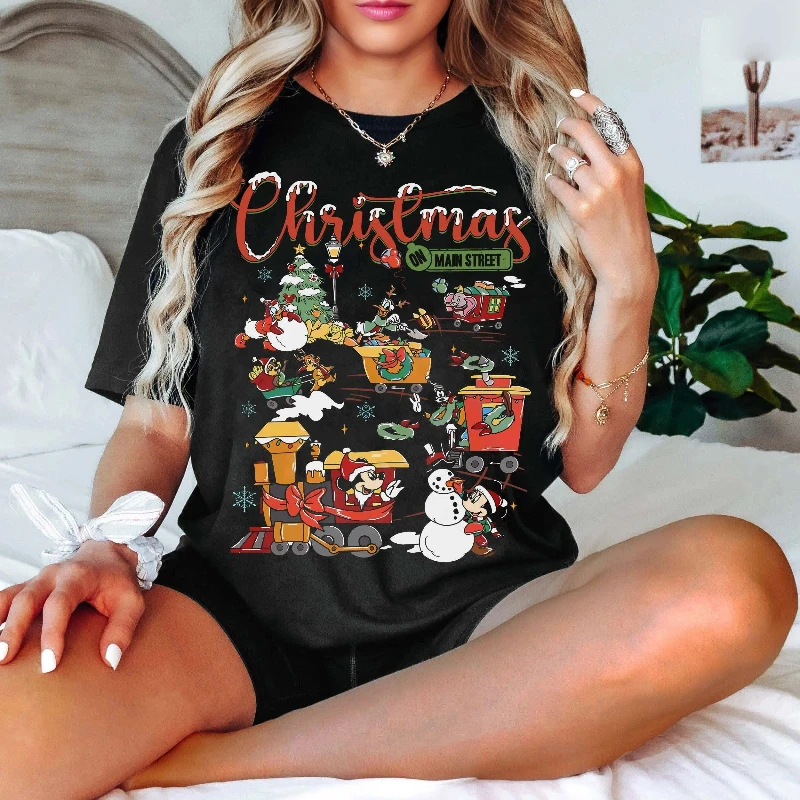 ديزني لايف 2026 قطار جديد عيد الميلاد لطيف ميكي والأصدقاء مدينة طباعة موضة المرأة القطن تي شيرت استرخاء السفر