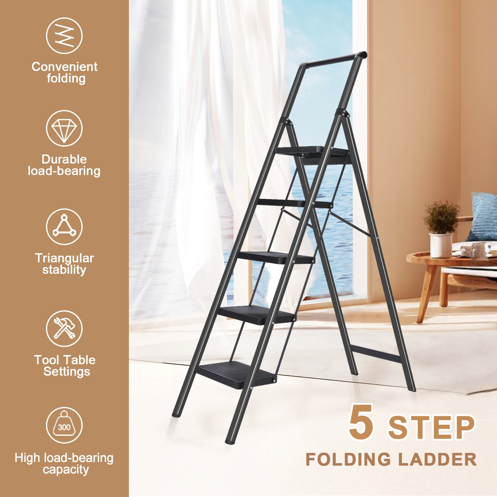 5Step Ladder,Foldable Step Stools for Adults withWide Anti-Slip Pedal, Lightweight Sturdy Steel Ladder,Convenient Handgrip ,Spa