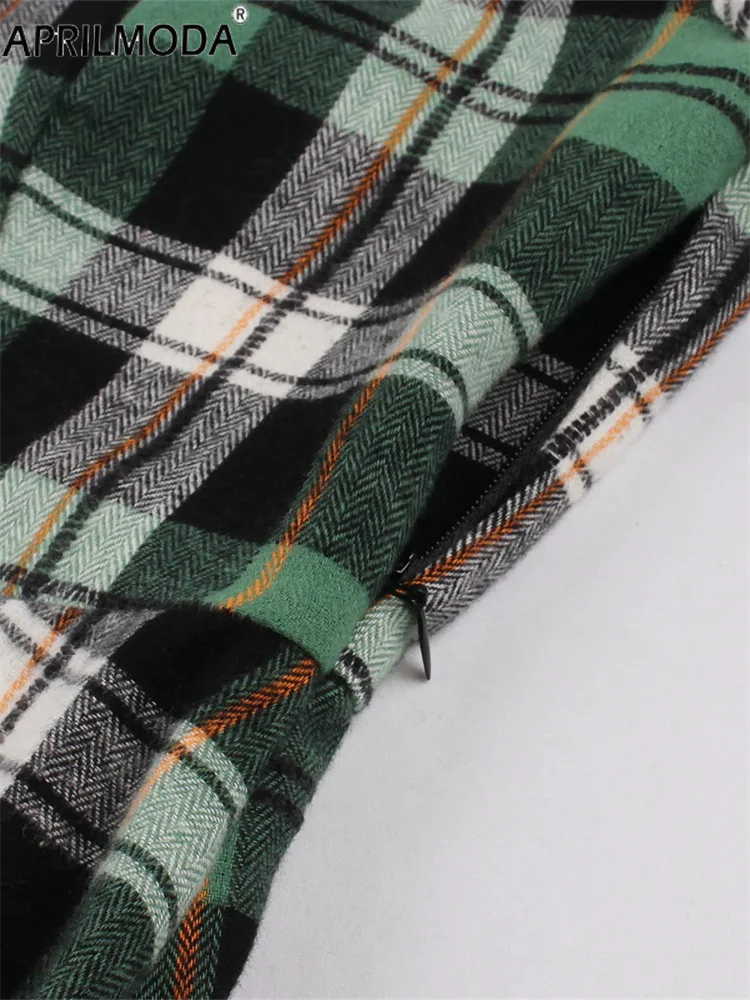 2024 Vintage 1950s Rockabilly Plaid Dresses Buttons Green Women Long Sleeve Autumn England Style Long Midi Dress Female Vestidos