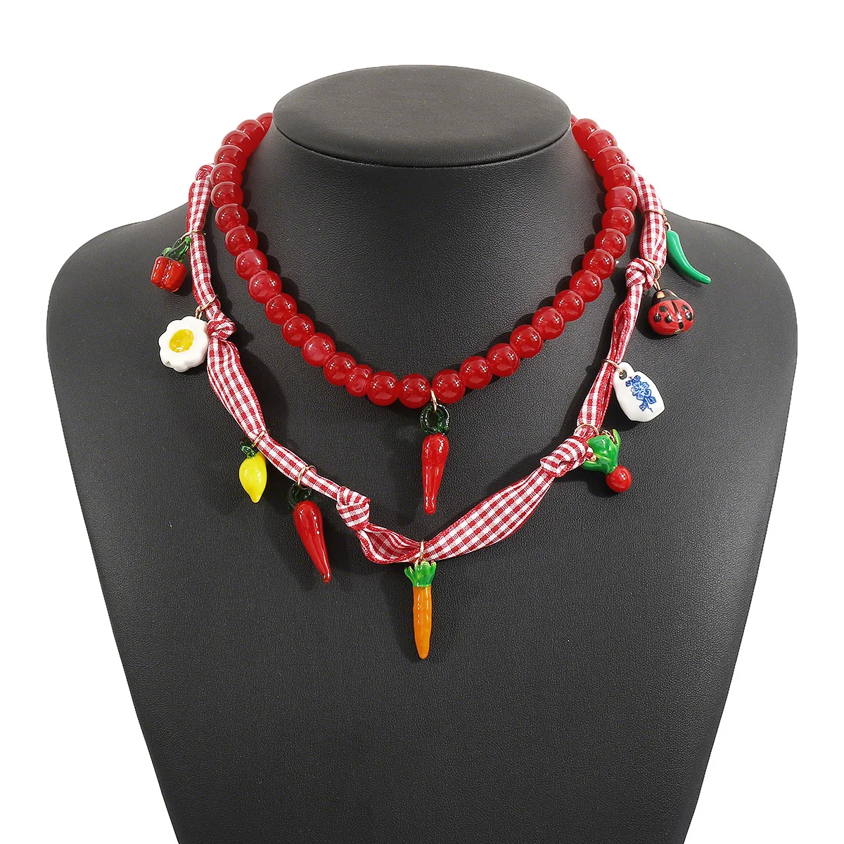 Creative Fabric Beaded Capsicum Annuum Necklace ZA Dopamine Layered Vegetable Multi-Pendant Collarbone Chain