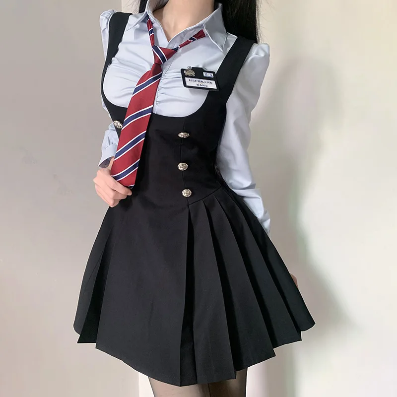 JK Vita alta Cintura dimagrante Ragazza piccante Camicia a maniche lunghe Bretelle nere Abito Set uniforme scolastica per le donne Estate