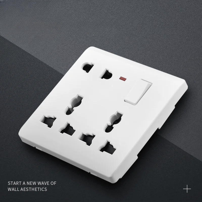 White universal 8 pin socket, switch control socket, British electric kitchen 13A high power 8 hole socket panel with pilot ligh