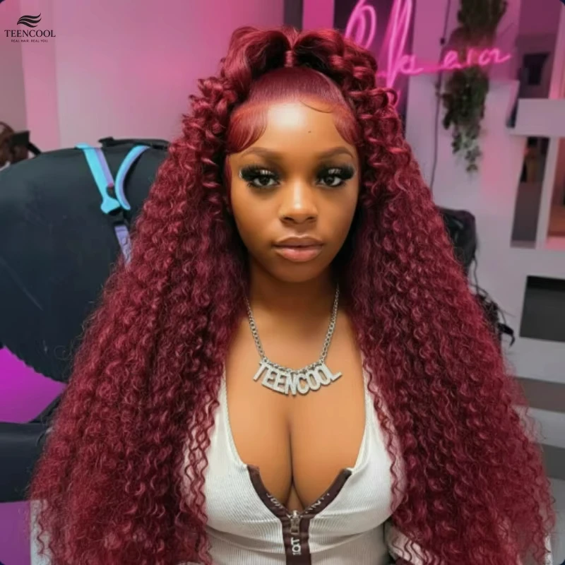 

Парик из натуральных волос с глубокой волной, 250% плотности, 13x6 HD, прозрачный, цвет 99j бордовый, глубокие кудри, на кружевной основе, для женщин