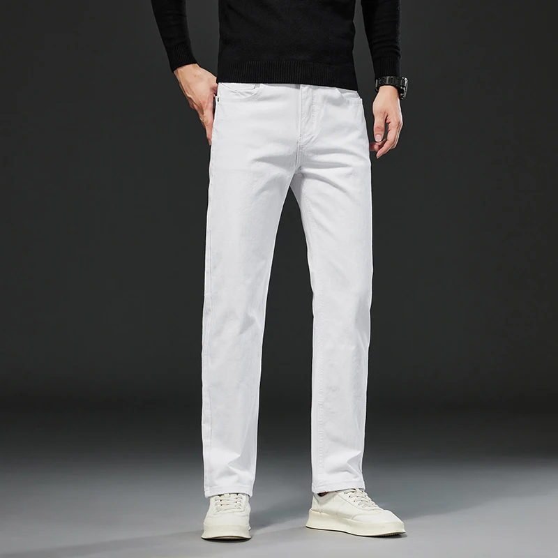 Jeans reto stretch simples e high-end masculino, calça cor pura, rua diária com tudo a combinar, casual, verão