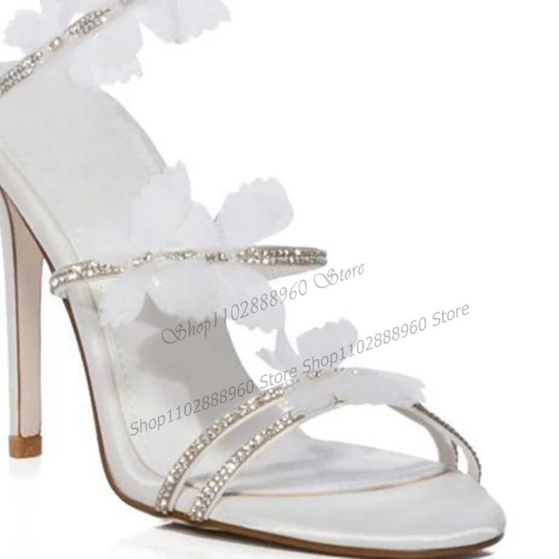 White Twine Band Butterfly Crystal Decor Sandals Cut Heel Stilettos High Heel Women Shoes Open Toe 2023 Sexy Zapatos Para Mujere