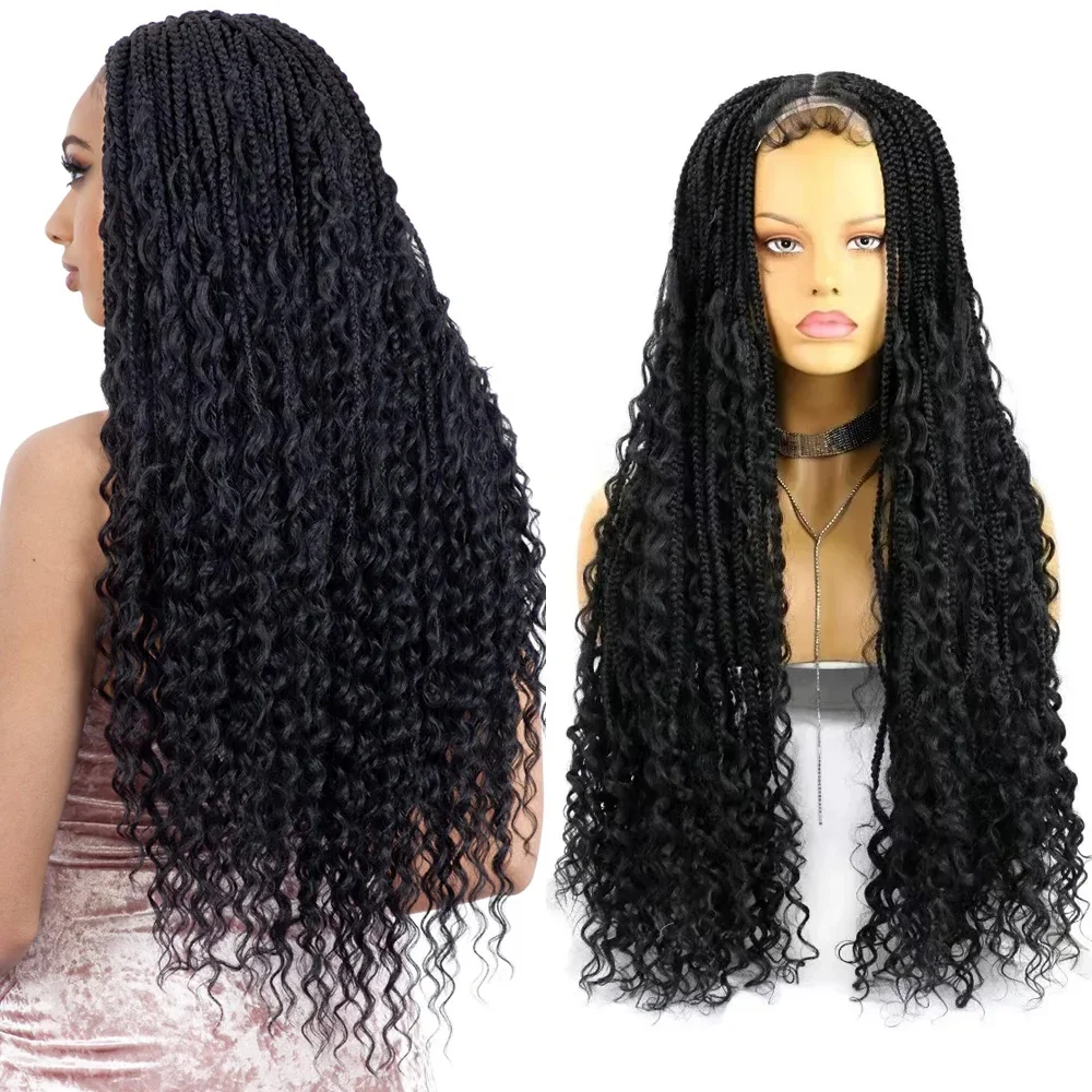 Boho Box Braid Wigs Curly Ends Square Part Braided Lace Front Wigs Pre Plucked with Baby Hair for Women Blonde Box Braided Wig