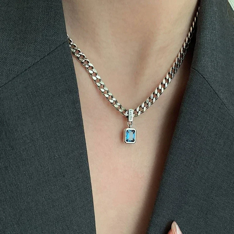 Square Blue Zirconia Necklace Cuban Type Choker Matching Party Gift Exquisite Women's Jewelry