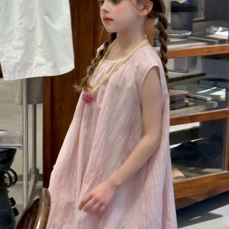 Cotton Girls Pink Vest Dress New Stylish High-end Children Clothes 26 Spring Summer Sleeveless Long Dress Soft 3-12 Year Outfit