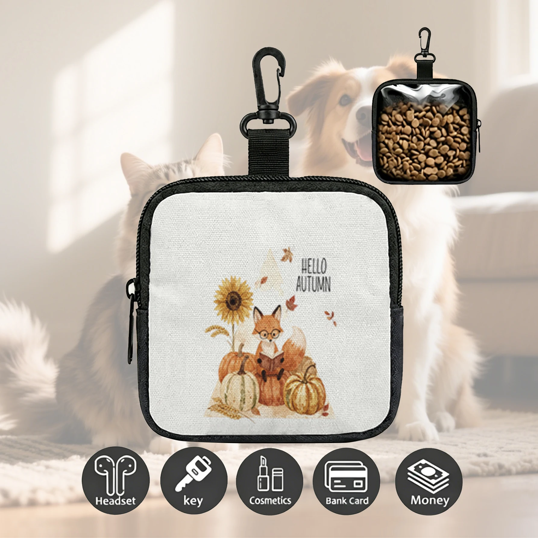 Hello Autumn Fox Pumpkin Sunflower Print Pet Treat Bag Mini Zipper Pouch With Carabiner, Portable Dog Snack Pouch