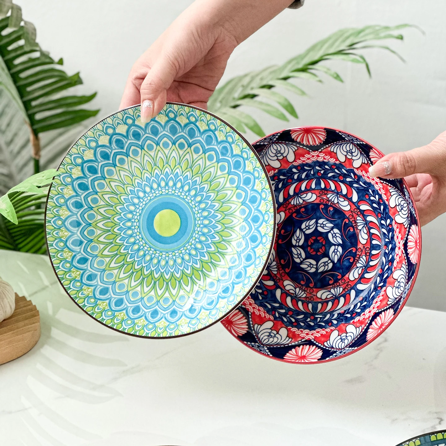 4-Piece Bohemian Pattern Ceramic Plate Set, 8.2 Inch/20.8cm, Multi-Use, Durable, Dishwasher & Microwave Safe