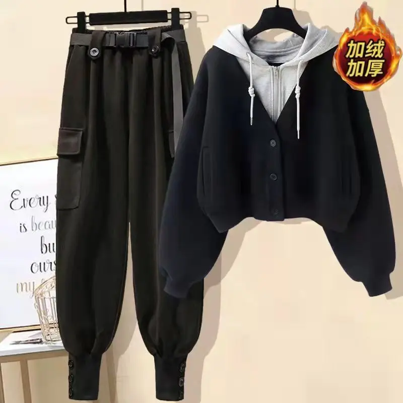 Autumn and Winter Collection with Plush and Thick Long Sleeved Hooded Jacket Work Pants Two-piece Set Women's Pants Set