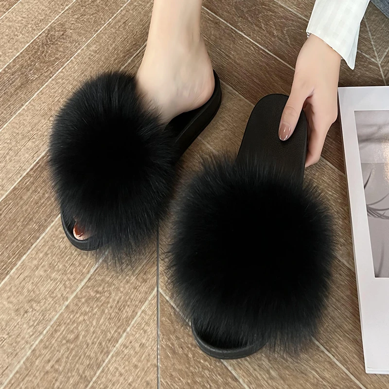 Real Fur Slippers Fluffy Flat Slides Fur Fluffy Sandals Girls Beach Home Plush Slides Furry Flip Flops Women Bedroom Warm Shoes