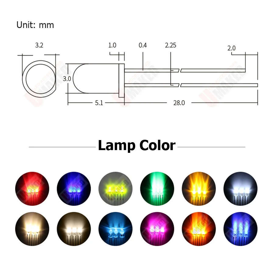 1000PCS F3 3mm Clear len 28mm leg LED round lamps diodes chip  light beads F3 led Emitting diodes WW/W/R/G/B/Y Lighting DIY lamp