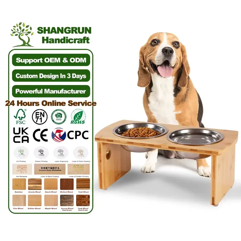 Factory Custom Wooden Pet Food Bowl Customized Dog Cat Pet Feeder Wooden Rack With Extra Two Stainless Steel Bowls