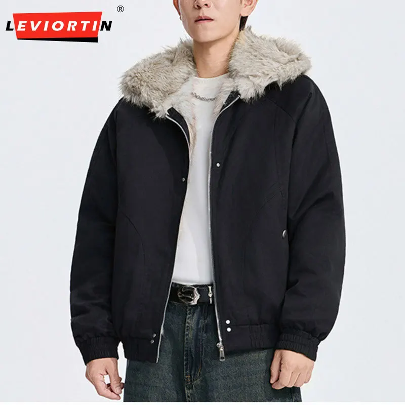 

Japanese style fashion retro hooded fur collar jacket for men in winter, with thick velvet and warm loose cotton clothing