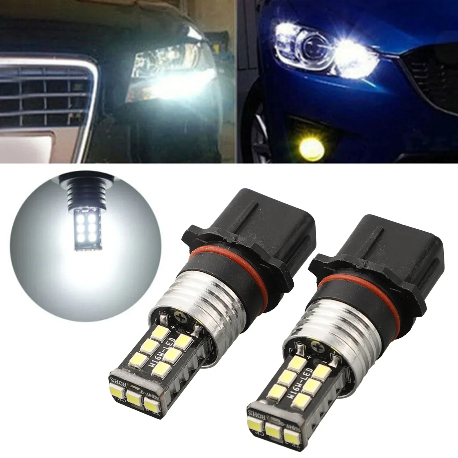 2PCS 12V DC P13W 2835 15LED 6000K White Fog Lamp Fog Bulb Fast Heat Dissipation Higher Efficiency Low Power Sumption Car Light