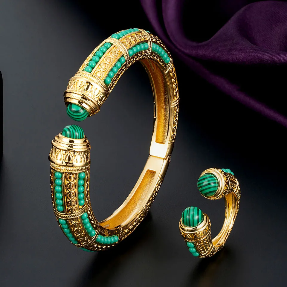 

giftZlxgirl Fashion Turkey Blue Green Beads Bangle ring jewelry set Women's size Gold Bracelet Anel Aneis couple gift