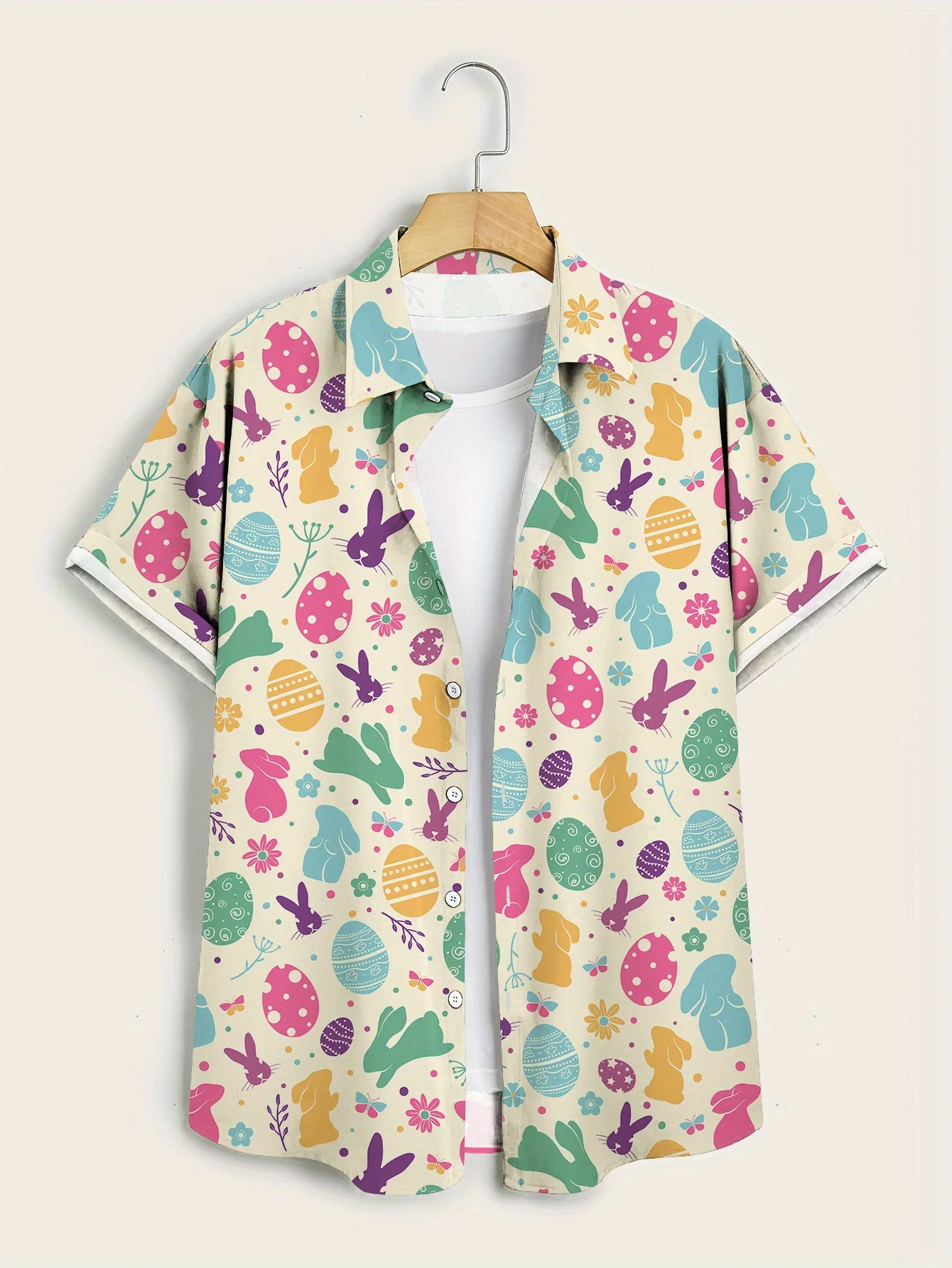 Men Easter Bunny Egg Print Turn Down Collar Short Sleeve Shirt Cream‑Base Holiday Party Top
