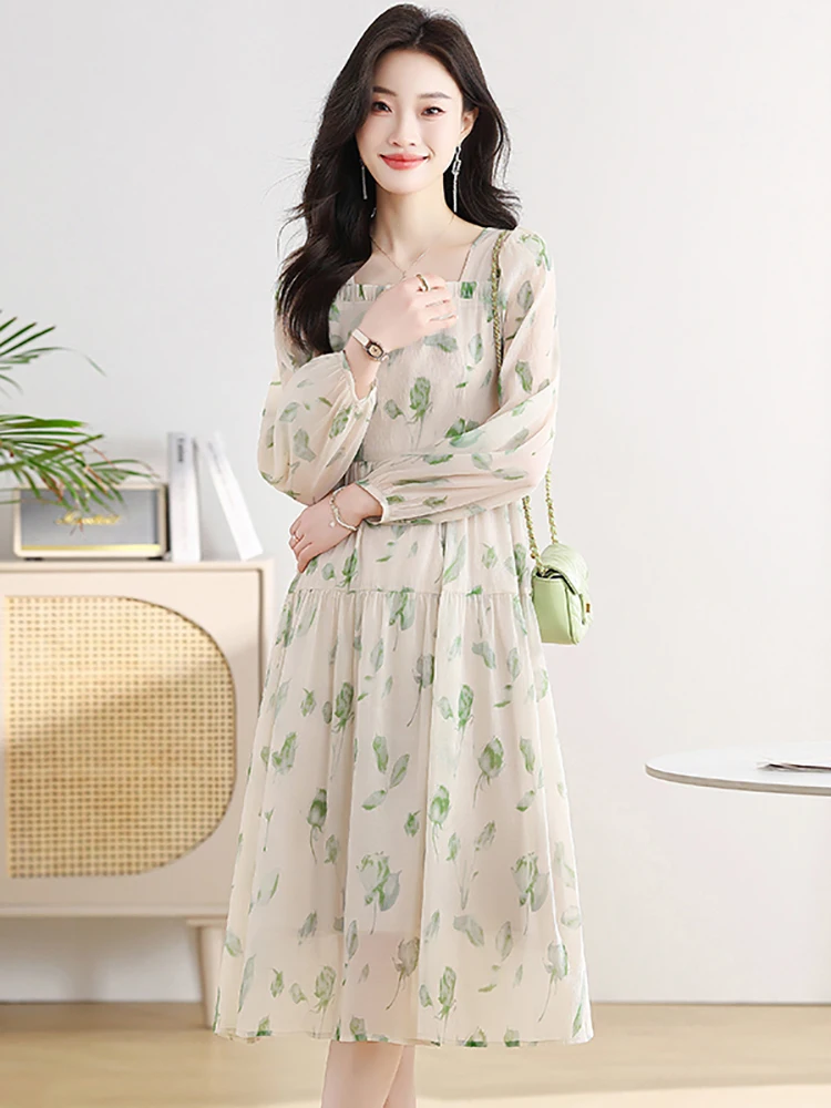 

2025 Green Floral Chiffon Long Sleeve Square Collar Dress Spring Autumn Elegant Casual Home Dress Women Korean Bow Bnadage Dress