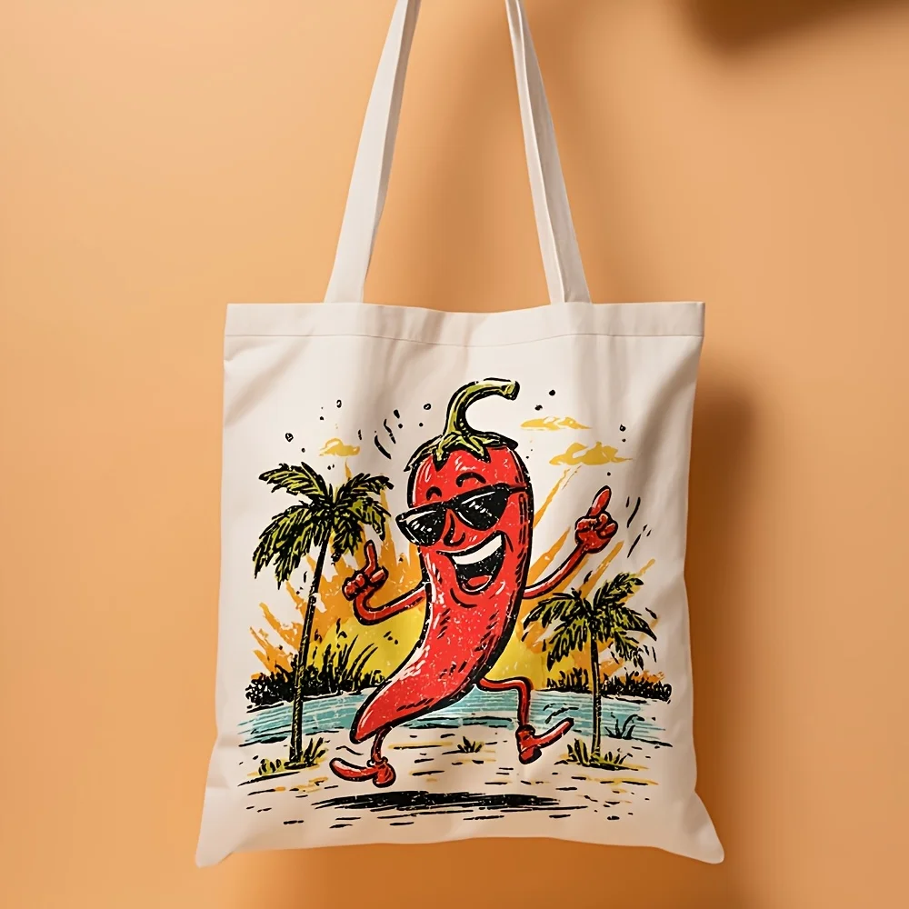 1pc Retro Tropical Tote Bag - Double-Sided Dancing Chili Pepper & Palm Tree Print Shoulder Bag, Reusable Suitable for Beach, Com