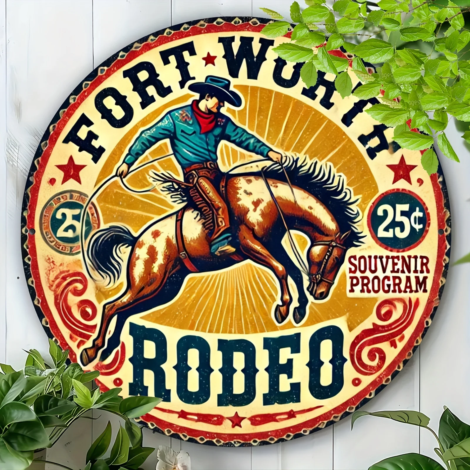 [Vintage Rodeo Schild] Rustikales 20,3 x 20,3 cm großes Vintage Fort Worth Rodeo Rundes Metallschild |   Aluminium-Wandkunst mit Cowboy- und Pferdedesign, P