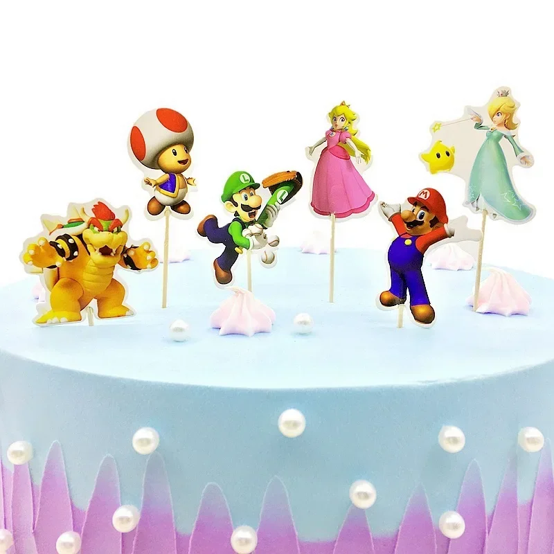 Toppers de gâteau Super Mario Chi pour enfants, drapeaux d'anime, décoration pour garçons, fournitures de fête d'anniversaire, dessin animé, cadeau de révélation de douche de bébé