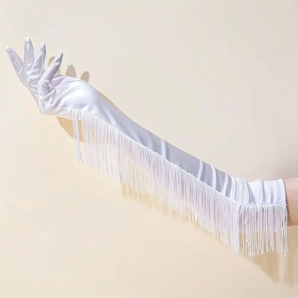 Women Satin Long Tassel Gloves For Performance Dance Wedding Evening Party Costume Elegant Hand Accessory Soft Fabric