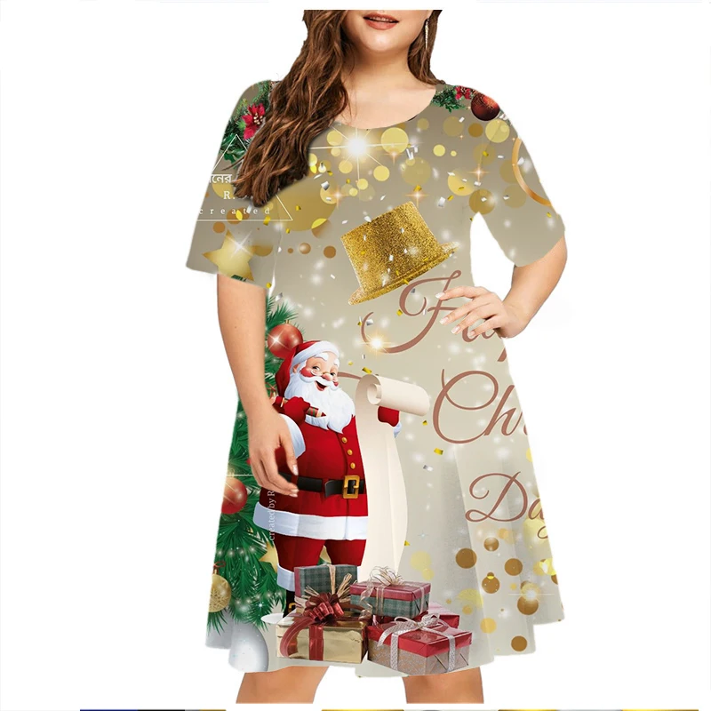 Red Christmas Party Dress Elegant Sweet Women Street Santa Claus Letter Print Short Sleeve Dress Loose Oversized Summer Clothes