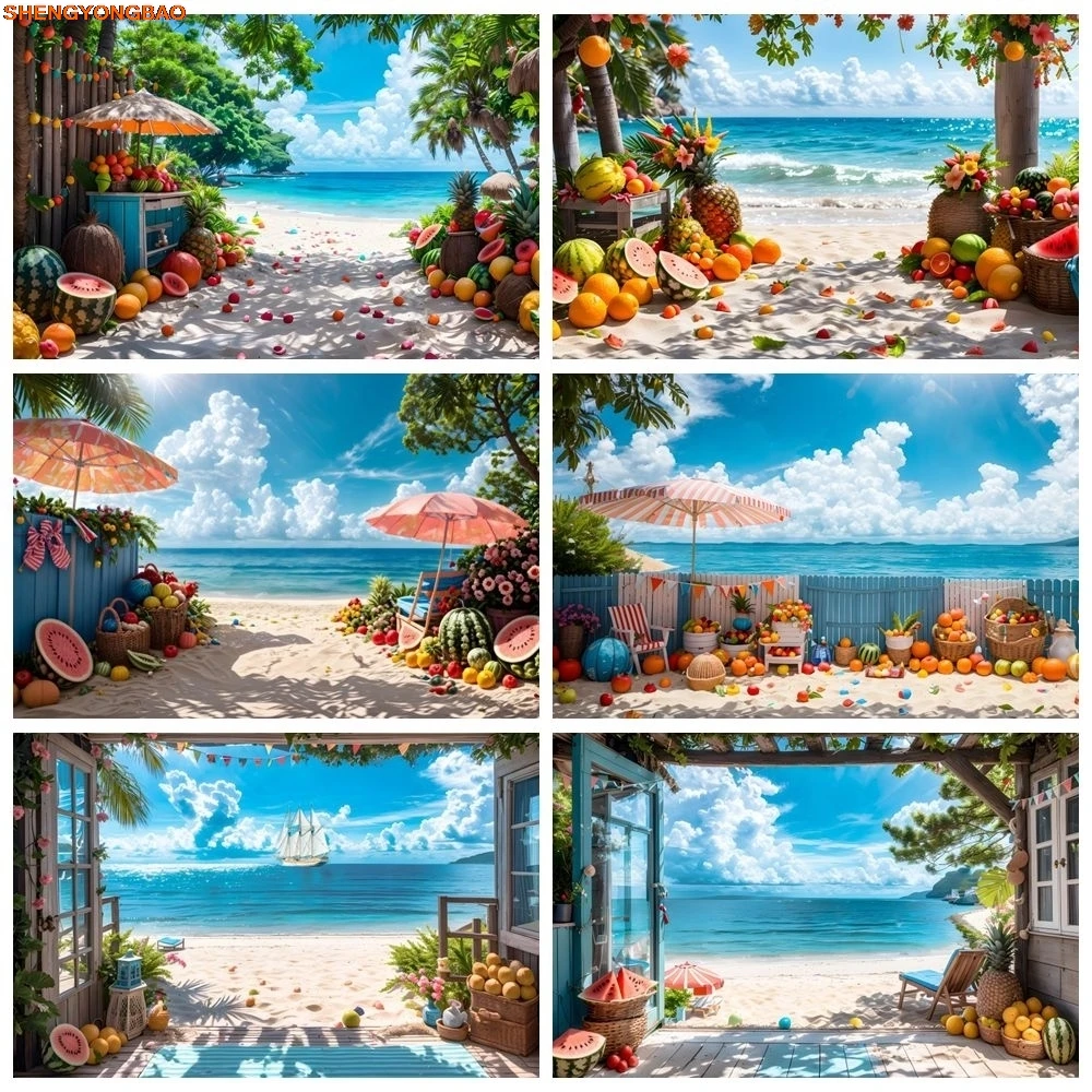 

Summer Seaside Beach Party Photography Backdrop Sea Tropical Fruit Coconut Tree Birthday Party Wedding Portrait Photo Background