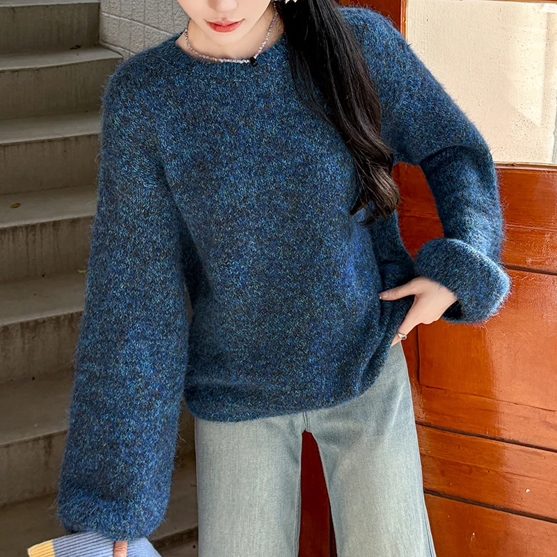 

Seoulish, осенне-зимний элегантный однотонный вязаный женский пуловер, свитера с длинным рукавом и круглым вырезом, корейский повседневный свободный свитер, женский