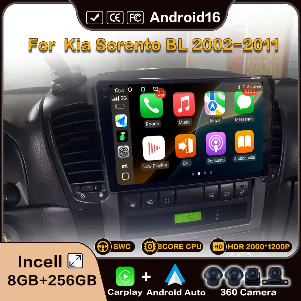Android 16 For Kia Sorento BL 2002-2011 Car Radio Multimedia 8core Stereo Carplay Android Auto Wifi Gps Video Stereo Autoradio
