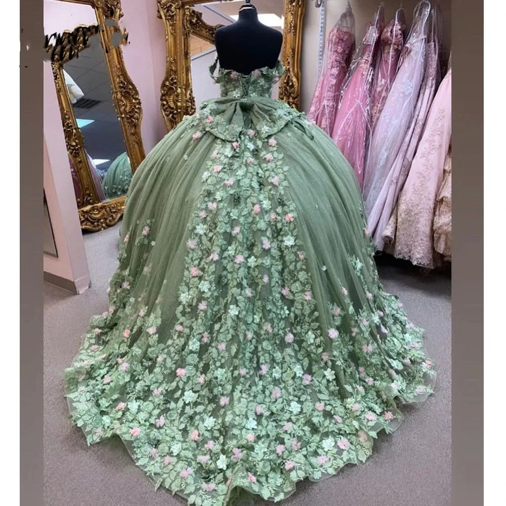 Sage Green Quinceanera Dresses V Neck Corset Ball Gown for Lady Sweetie 15 Mint Green Tulle 3D Flower Dance Quinceanera Gowns