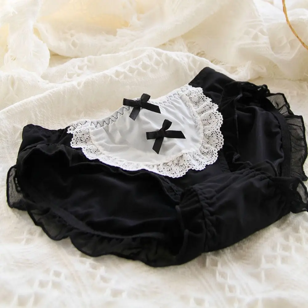 Lolita Women Panties High-end Mid-rise Ice Silk Knickers Lace Ruffle Antibacterial Underpants