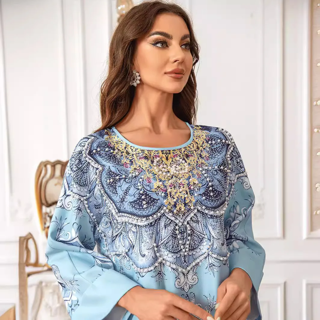 ZD024 Muslim printed long robe Abaya nail bead elegant round neck dress