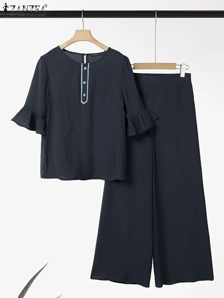 

ZANZEA Casual Wide Leg Pants 2pcs Outfits Elegant Solid O-Neck Flared Sleeve Blouses Woman Pant Sets Commute Loose 2 Pieces Sets