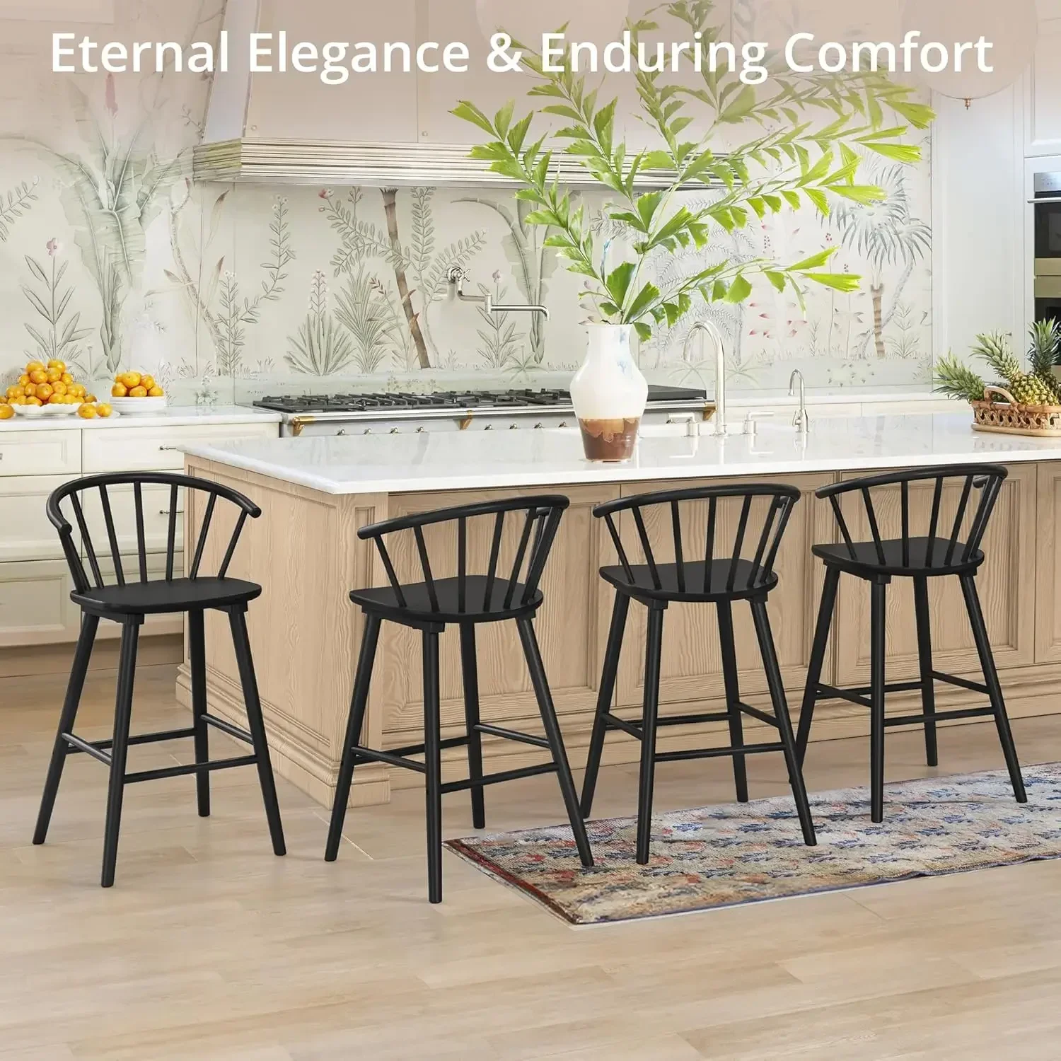 Wood Bar Stools with Semicircular Backrest, Black  , Modern Counter Height Bar Stools for Kitchen Island Pub, 26 Inch